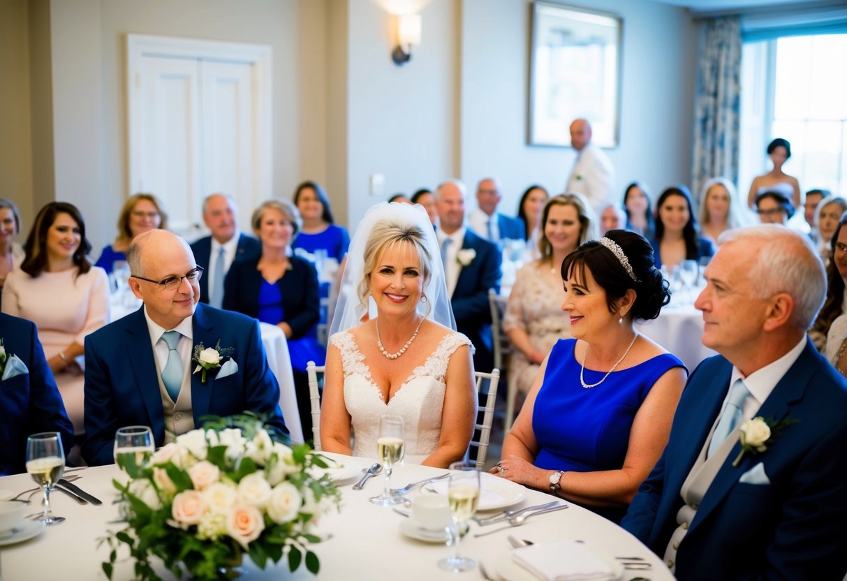 The mother of the bride is seated at a round table near the center of the room, surrounded by close family and friends