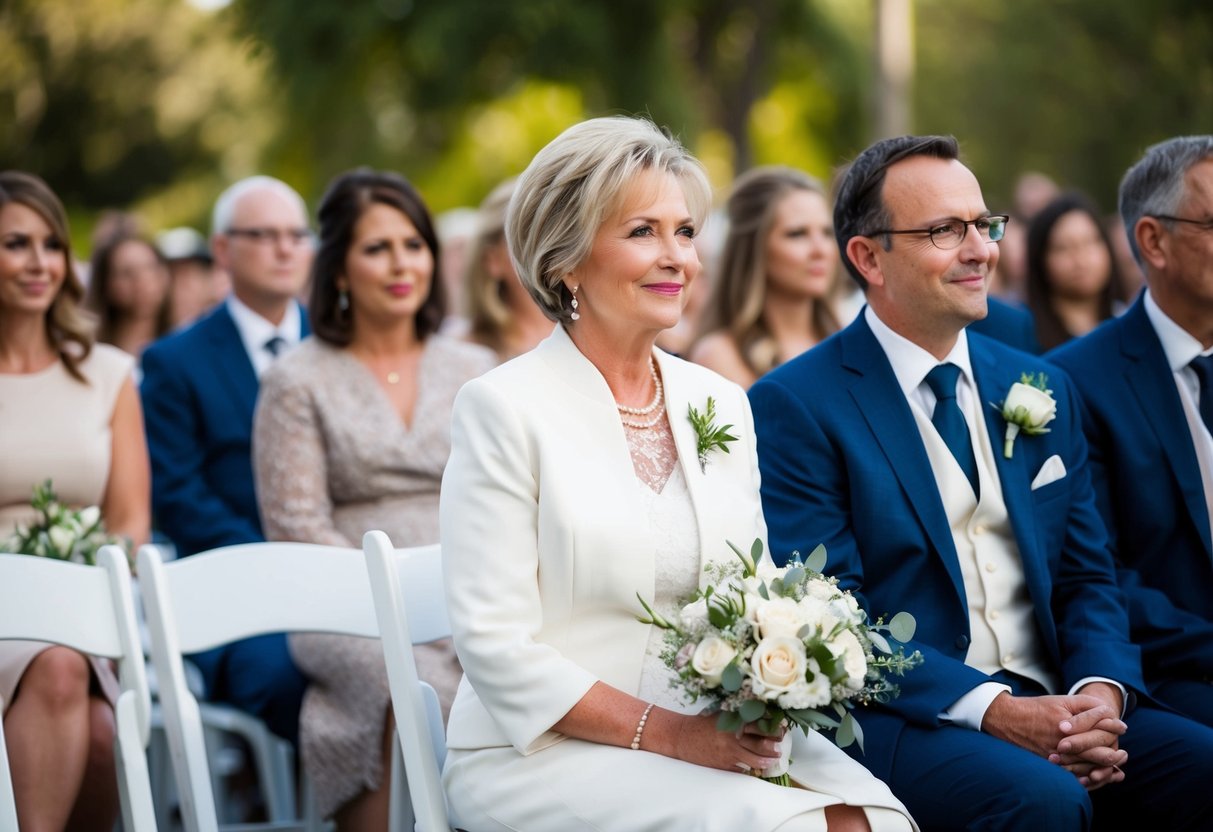 The mother of the bride is seated in the front row, closest to the aisle, with a clear view of the ceremony