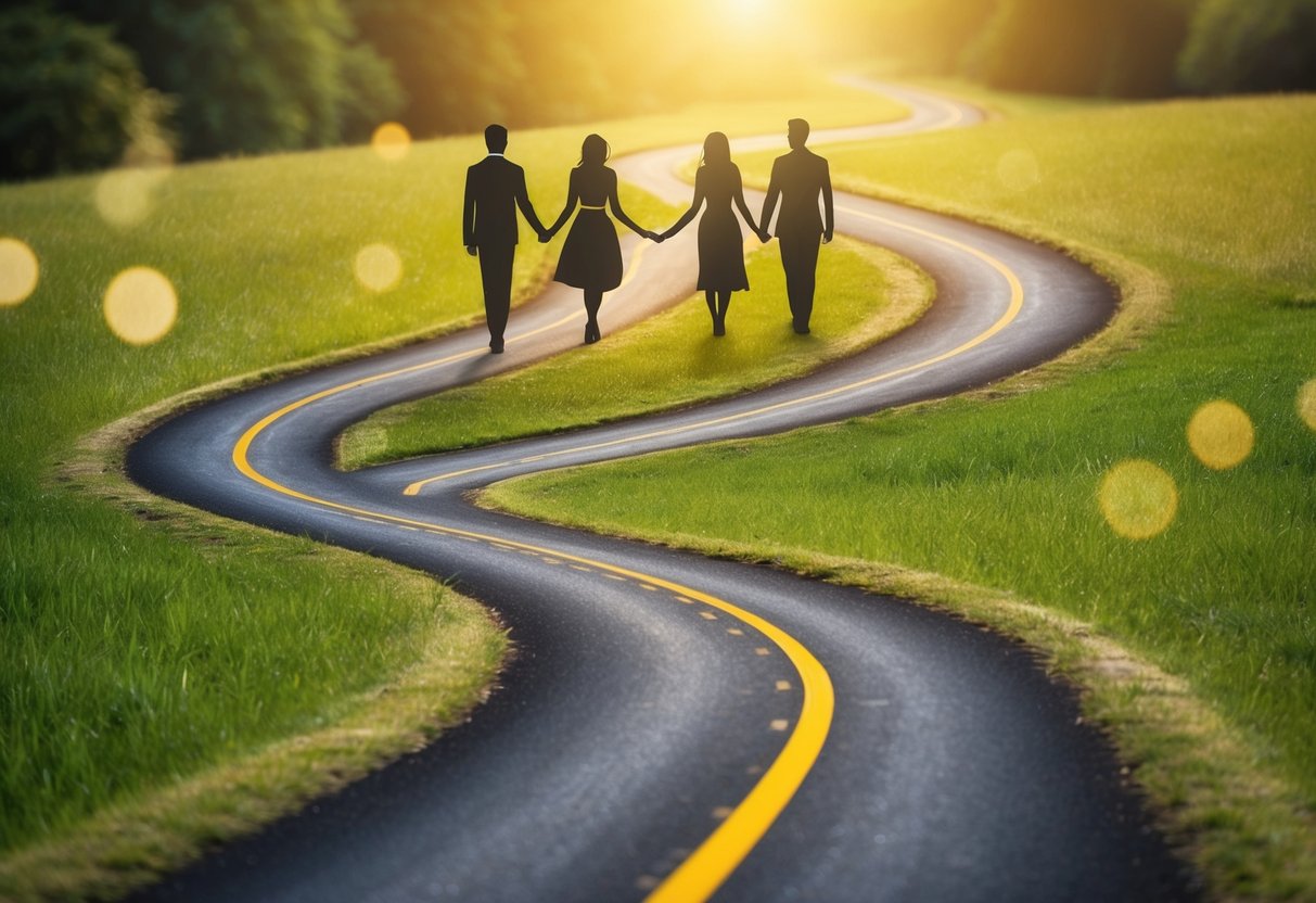 A winding path with two intertwining routes, symbolizing the journey of a long-distance couple towards marriage
