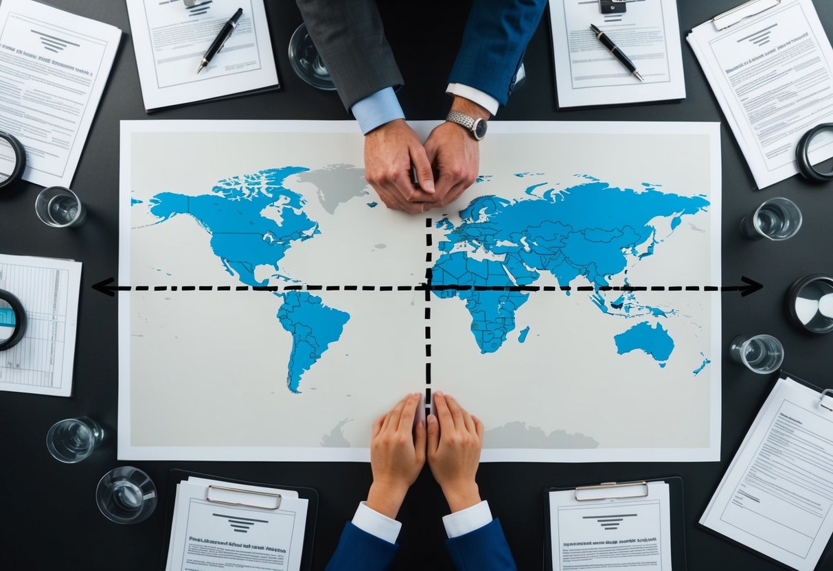 A couple on opposite sides of a map, connected by a dotted line, surrounded by legal documents and logistical obstacles