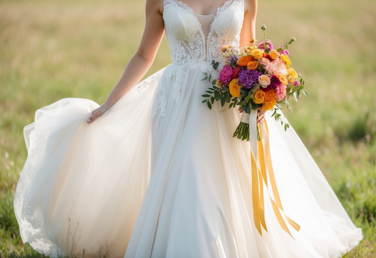 A bride in a flowing ivory gown with delicate lace details, holding a bouquet of colorful flowers