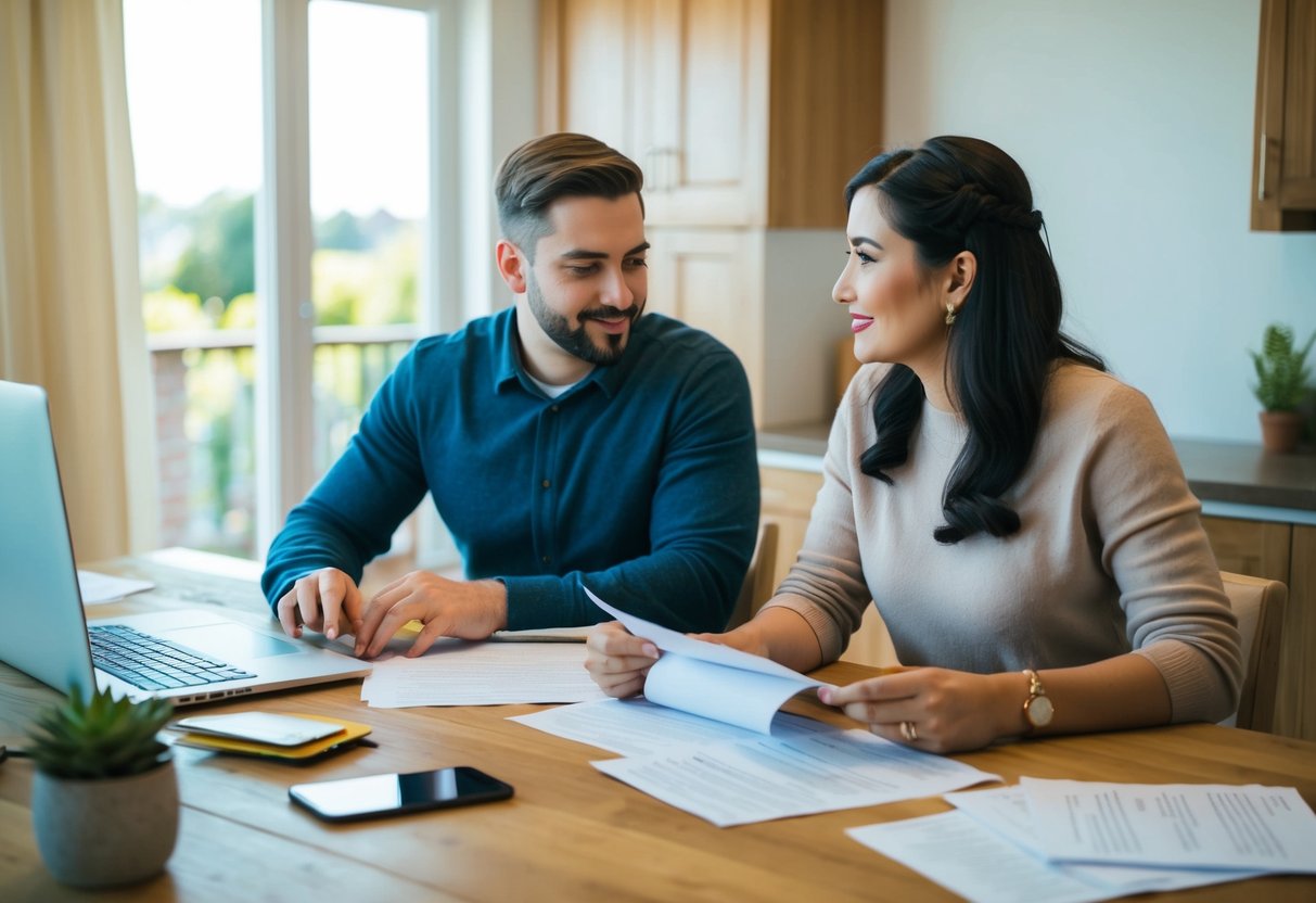 A couple sits at a table in their home, surrounded by paperwork and a computer. They are researching marriage license requirements and discussing the possibility of getting married at their house