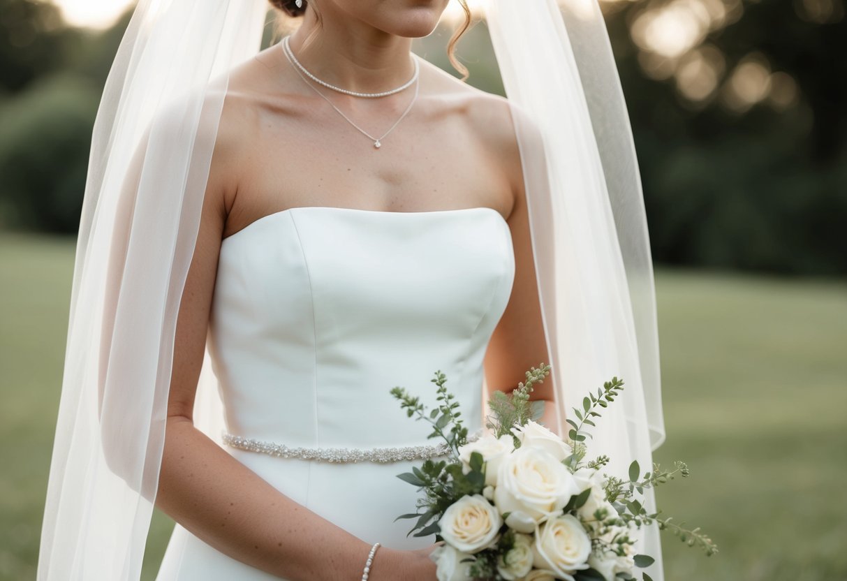 A bride in a simple, elegant white dress with minimal jewelry and a delicate veil, holding a small bouquet of flowers
