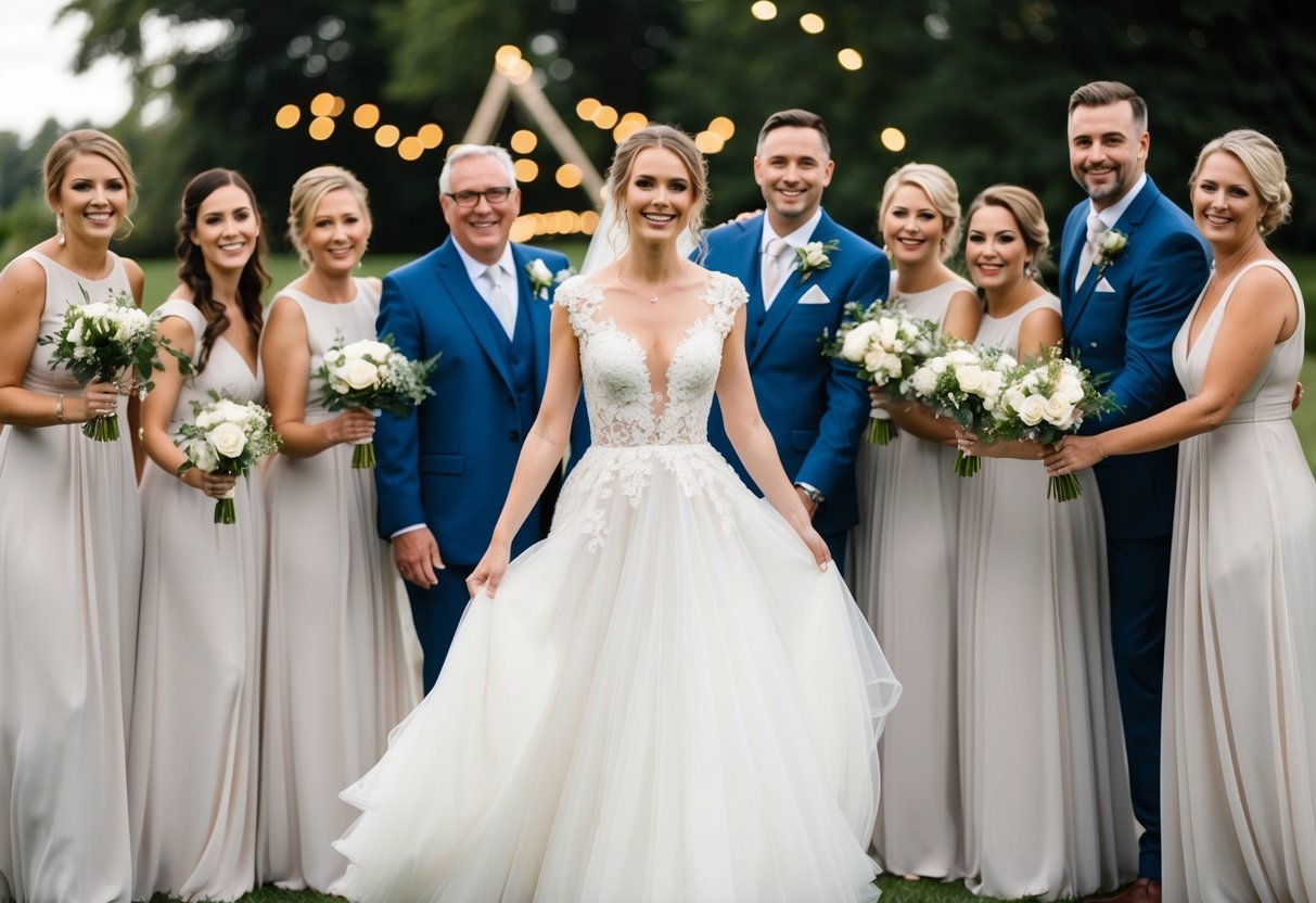 A bride wears a flowing white gown with delicate lace details, standing surrounded by her wedding party and family members, all smiling and celebrating