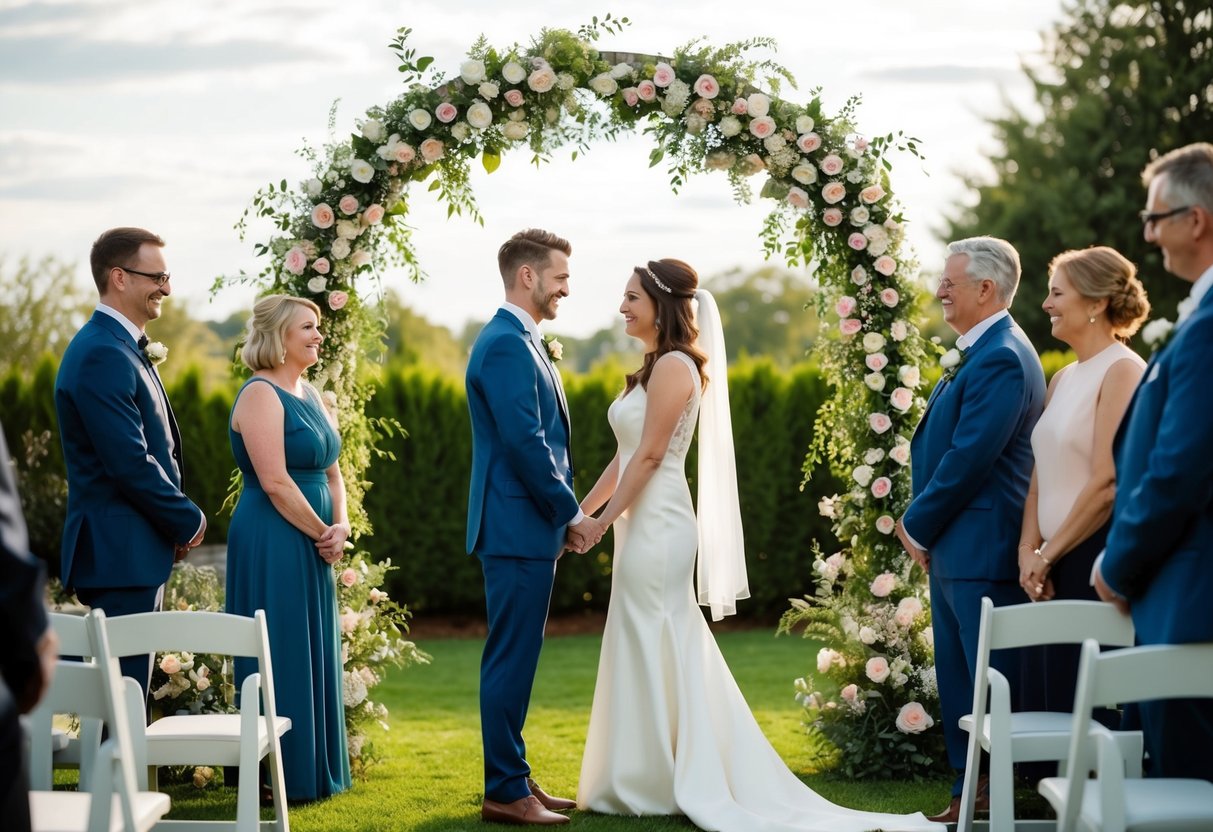 A couple stands in front of a flower-covered arch in their backyard, surrounded by family and friends, as they exchange vows