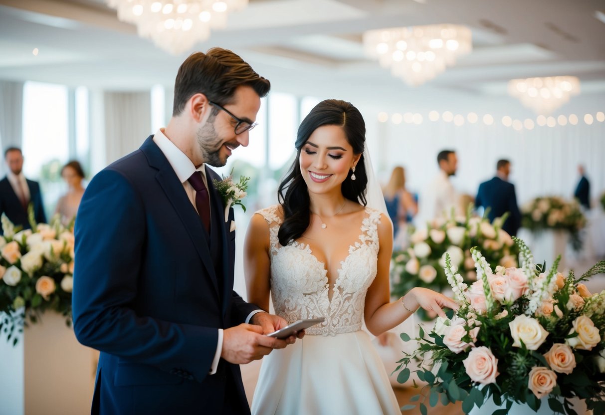 A couple hastily browsing through wedding venues and floral arrangements