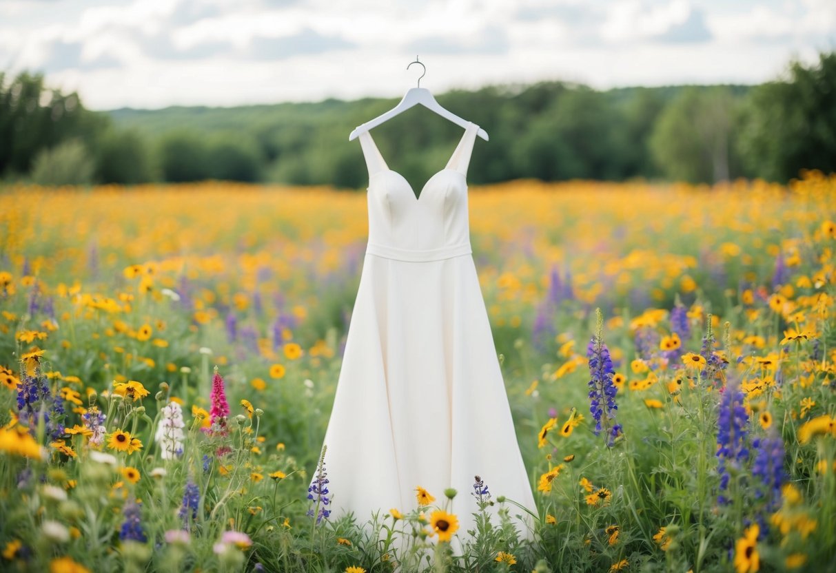 A plain wedding dress stands alone in a field of vibrant wildflowers, the colorful blooms contrasting against the simple fabric