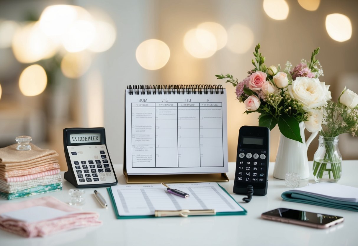 A bustling wedding planner's desk with a calendar, checklist, and phone, surrounded by swatches of fabric and samples of flowers