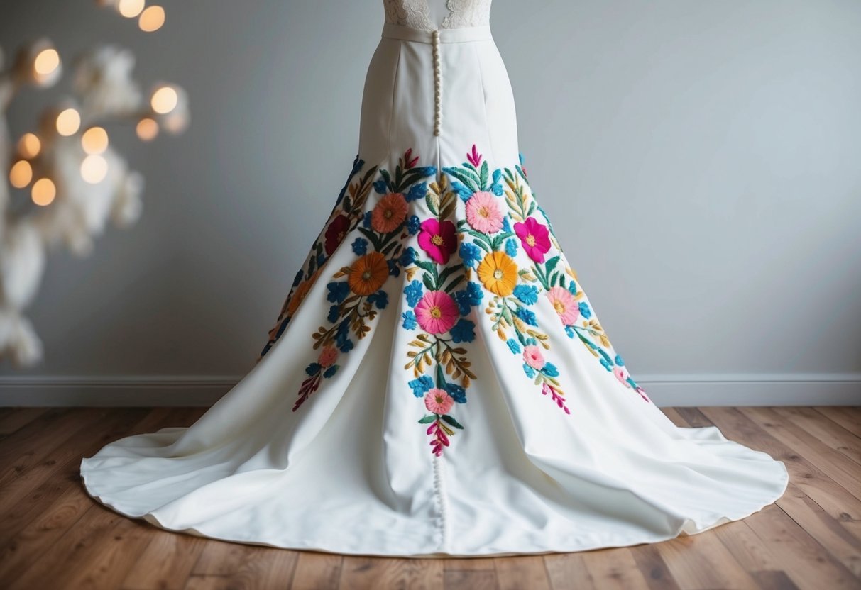 A plain wedding dress with vibrant floral embroidery cascading down the skirt, adding texture and pops of color