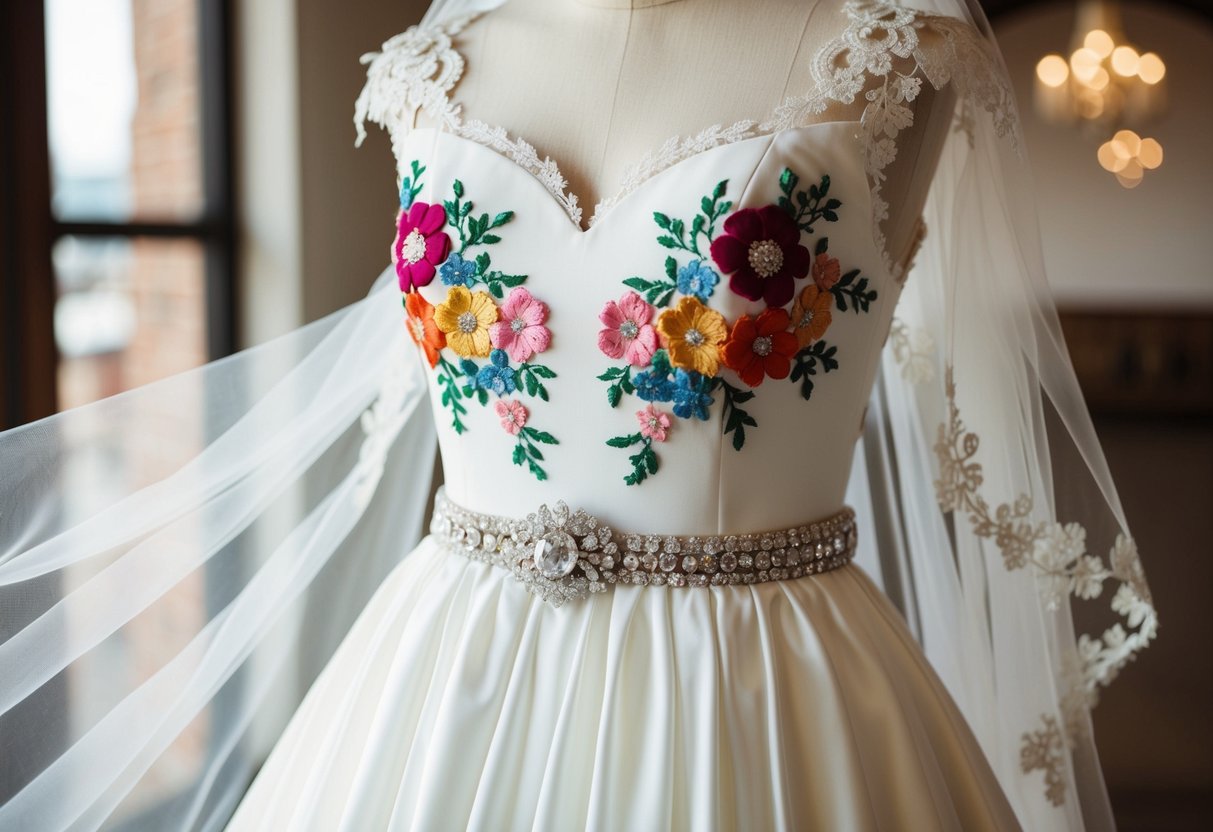A plain wedding dress adorned with vibrant floral appliques and delicate lace trim, complemented by a sparkling jeweled belt and a flowing veil
