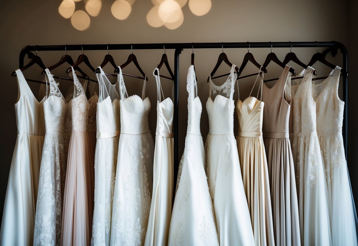 A rack of wedding dresses in various shades of white, ivory, and off-white, with lace, satin, and tulle fabrics