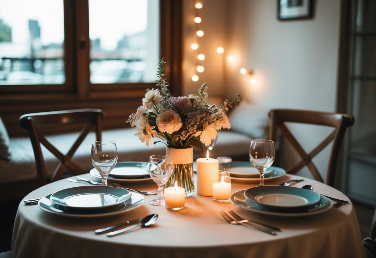 A small table set for two with elegant place settings and a simple floral centerpiece, surrounded by intimate candlelight in a cozy, romantic setting