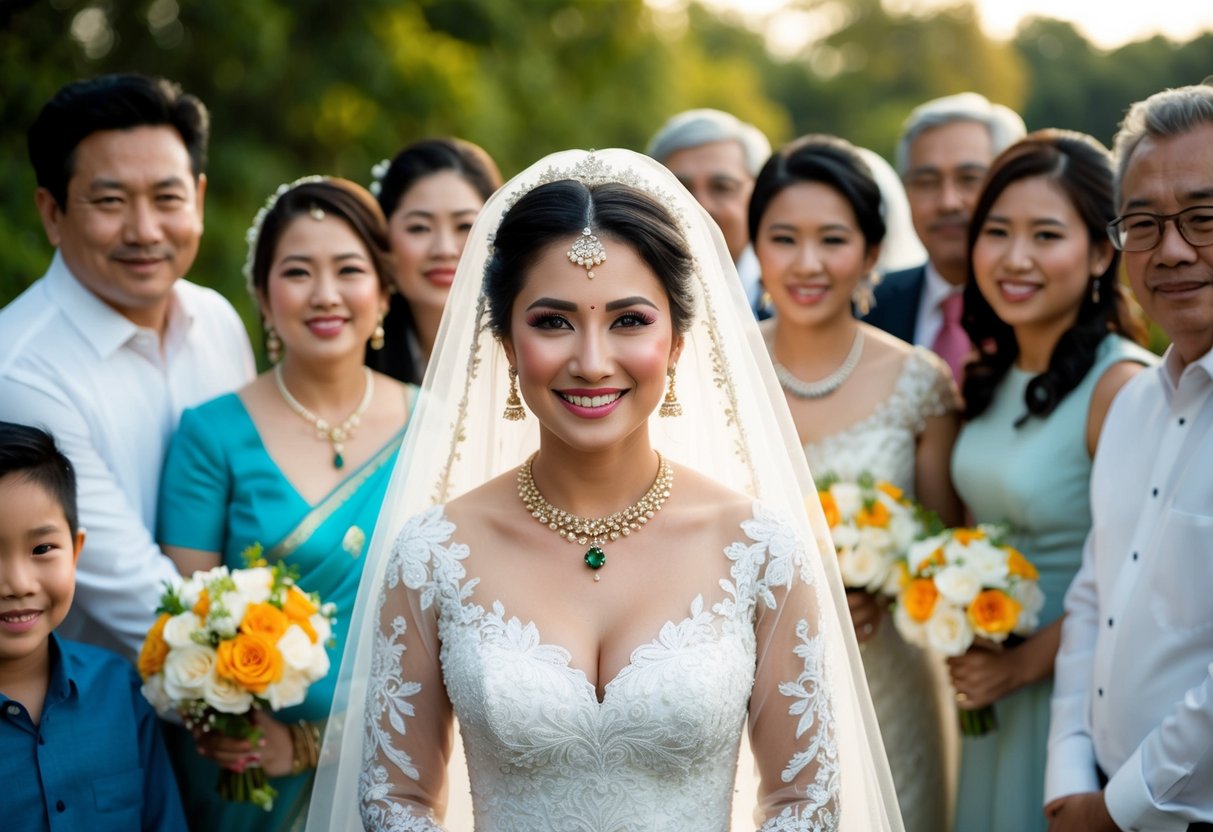 A bride in a traditional white wedding dress surrounded by family and friends