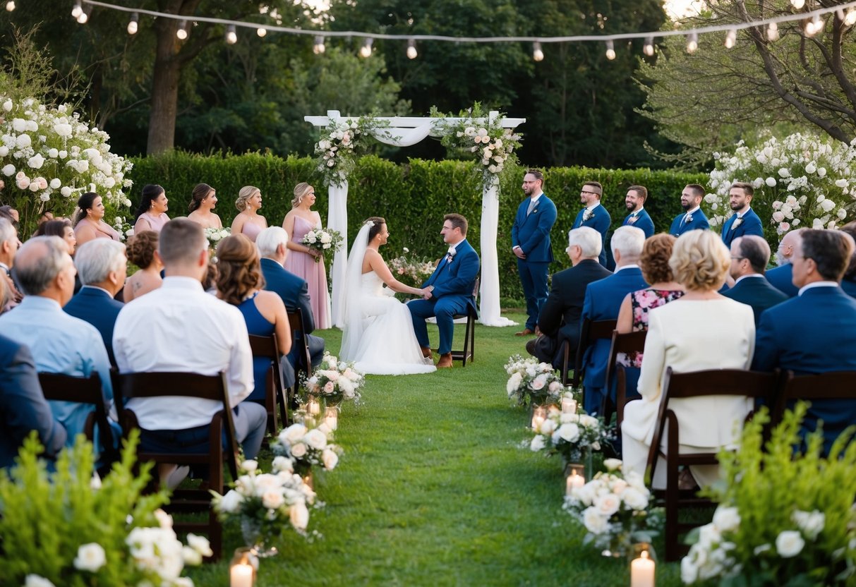 A small, intimate outdoor ceremony with a handful of guests seated in a picturesque garden surrounded by blooming flowers and twinkling lights