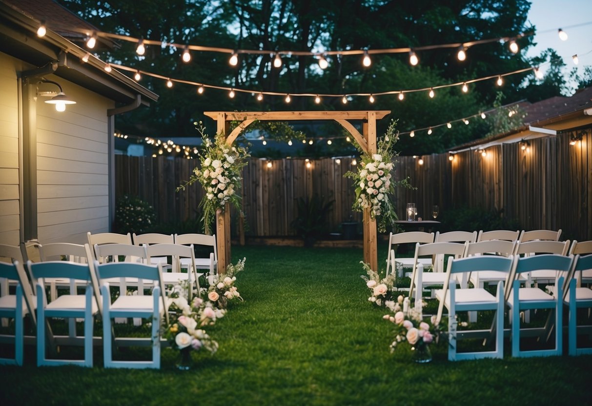 A cozy backyard set for a micro wedding with a small guest list, adorned with string lights, floral arrangements, and a rustic wooden arch