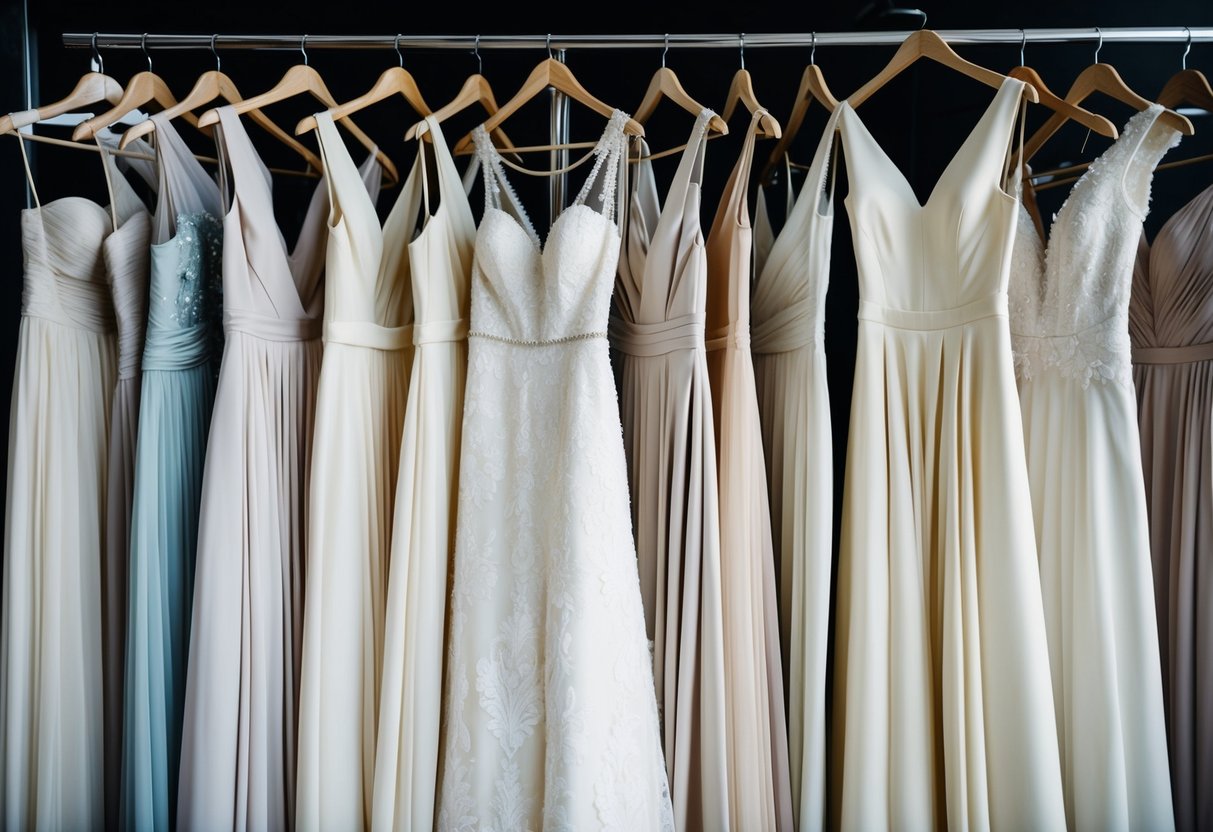 A rack of wedding dresses in various shades of white, ivory, and cream, showcasing the importance of fabric and colorways in dress selection