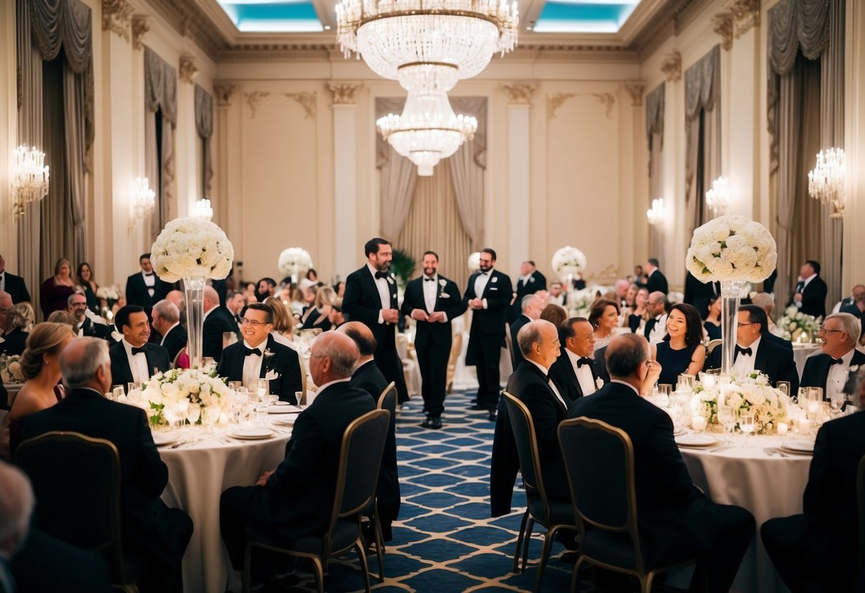 A grand ballroom with elegant decor and guests in formal attire