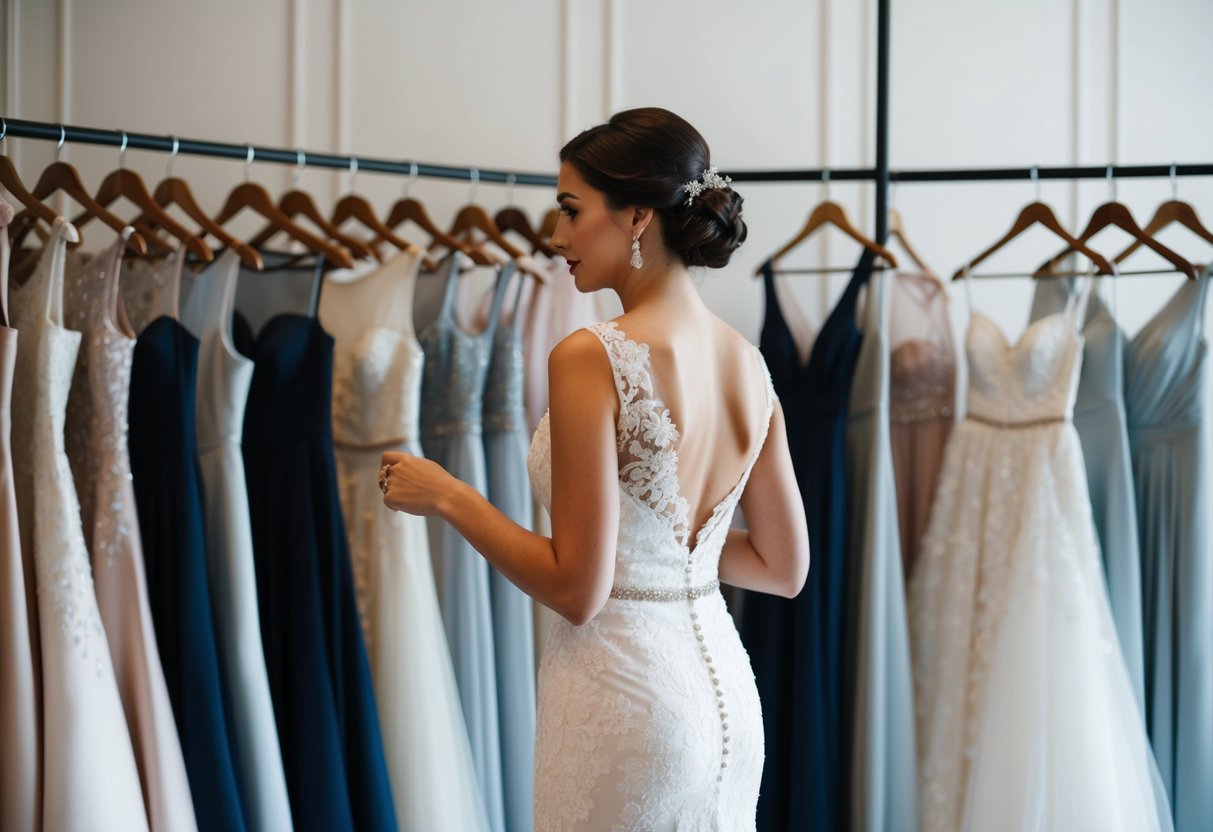 A woman standing in front of a rack of elegant dresses, contemplating her choice for a formal wedding