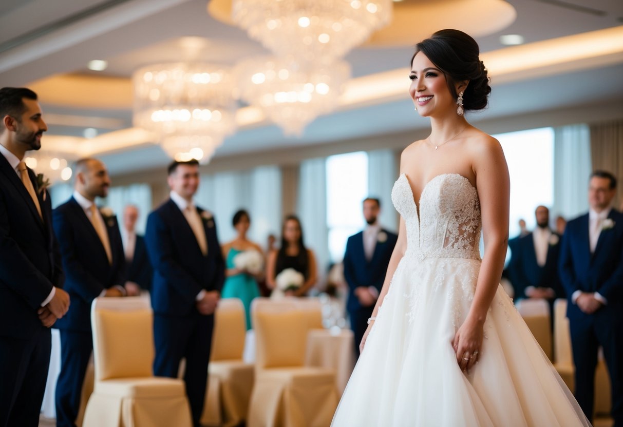 A woman in a floor-length gown at a formal wedding