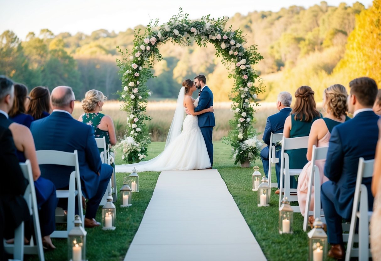 A small outdoor ceremony with a decorated arch, intimate seating, and a scenic backdrop of nature