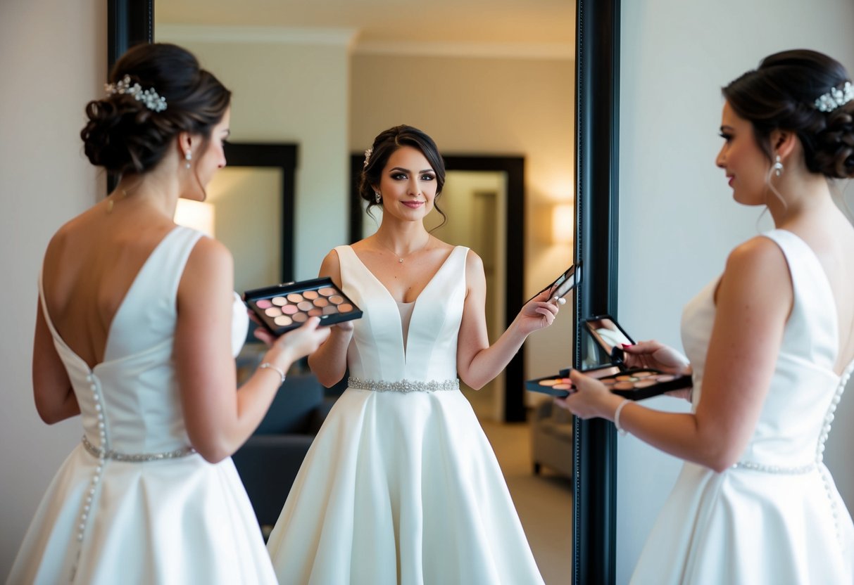 A bride-to-be stands in front of a mirror, trying on her wedding dress for a fitting. She holds a makeup palette in one hand, contemplating whether to apply it