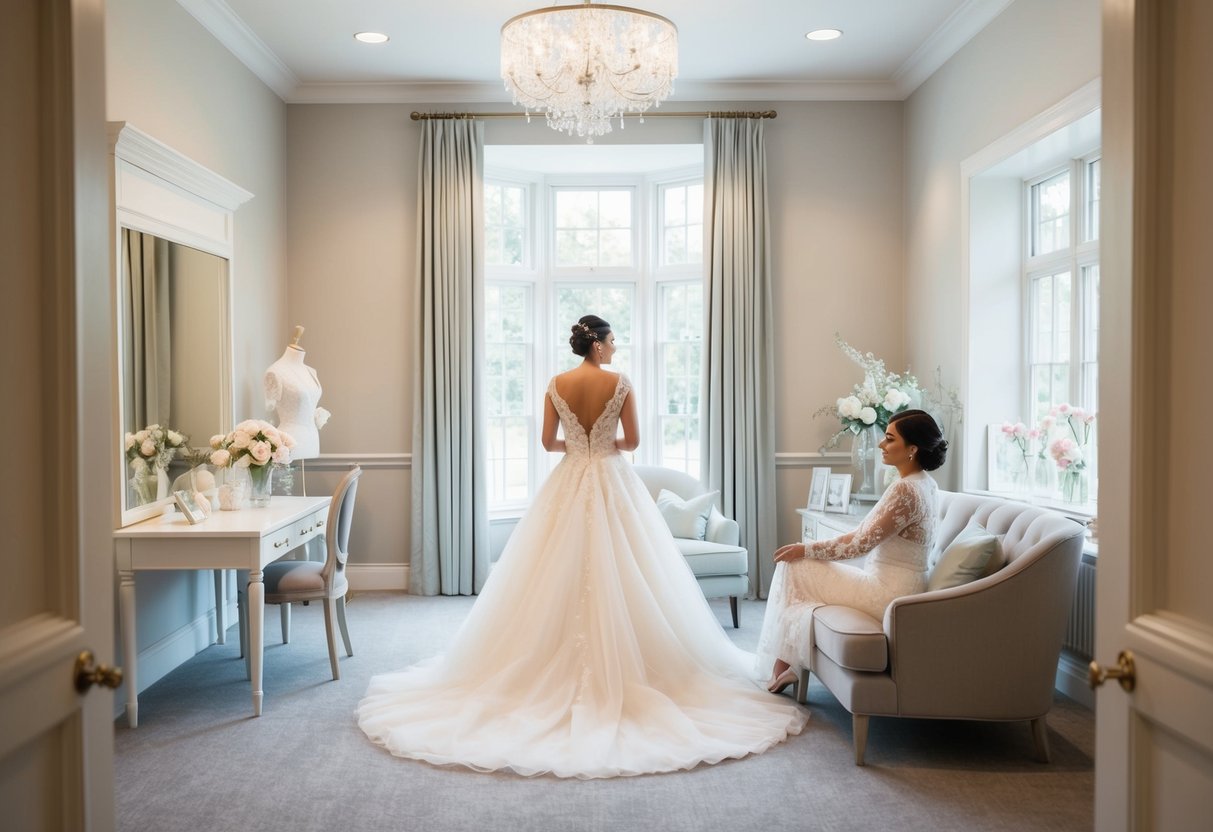 A serene and elegant bridal boutique with soft lighting and a comfortable seating area, where a bride-to-be is trying on a beautiful wedding dress