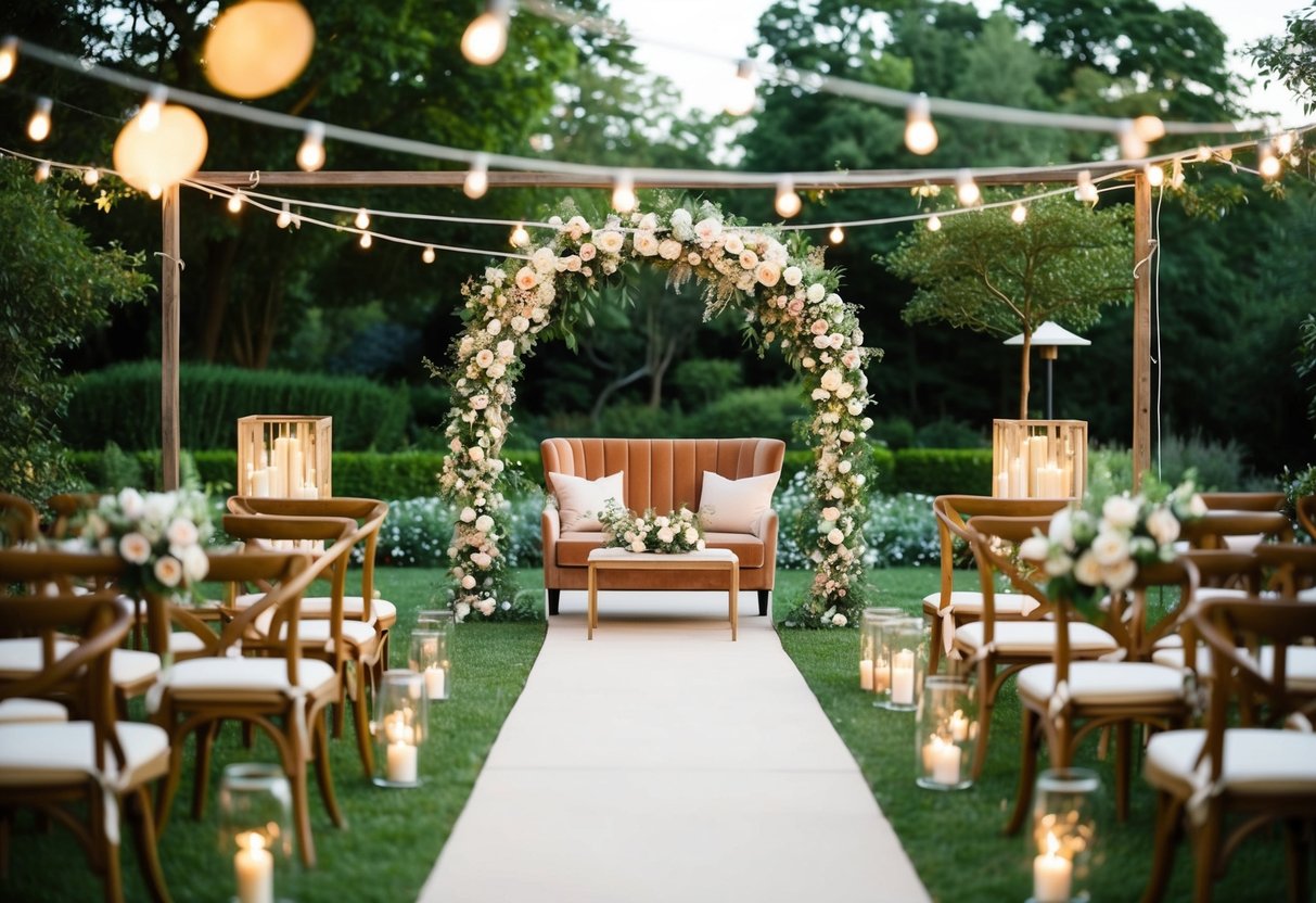 A small, elegant wedding setup with a beautiful floral arch, cozy seating, and twinkling lights in a serene outdoor garden