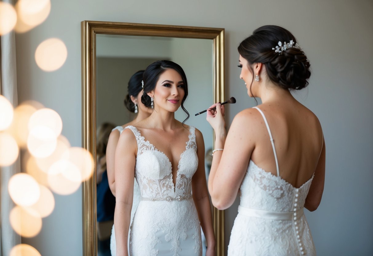 A bride-to-be stands in front of a full-length mirror, wearing a wedding dress, with a makeup artist applying subtle, natural makeup