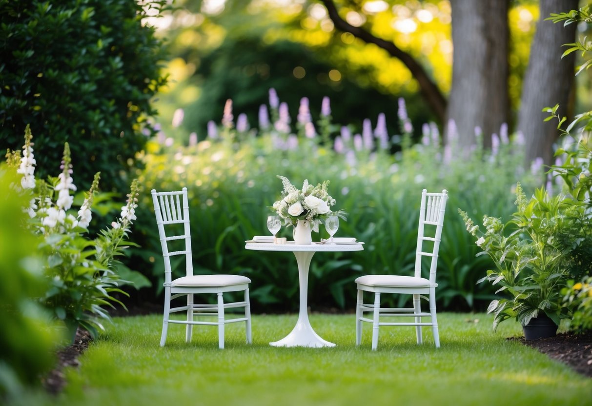 A serene garden setting with a small, elegant table for a micro wedding, surrounded by lush greenery and blooming flowers, with a gentle breeze and soft sunlight filtering through the trees