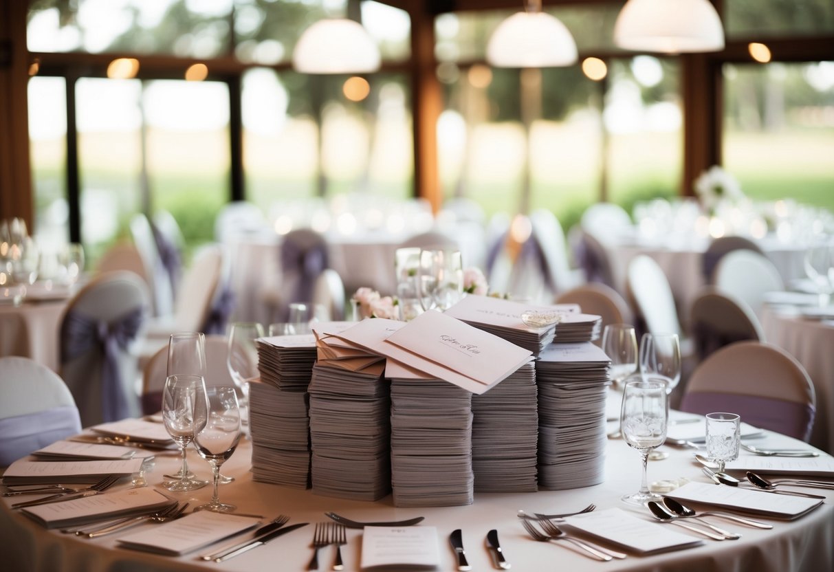 A table with 200 place settings and a stack of wedding invitations