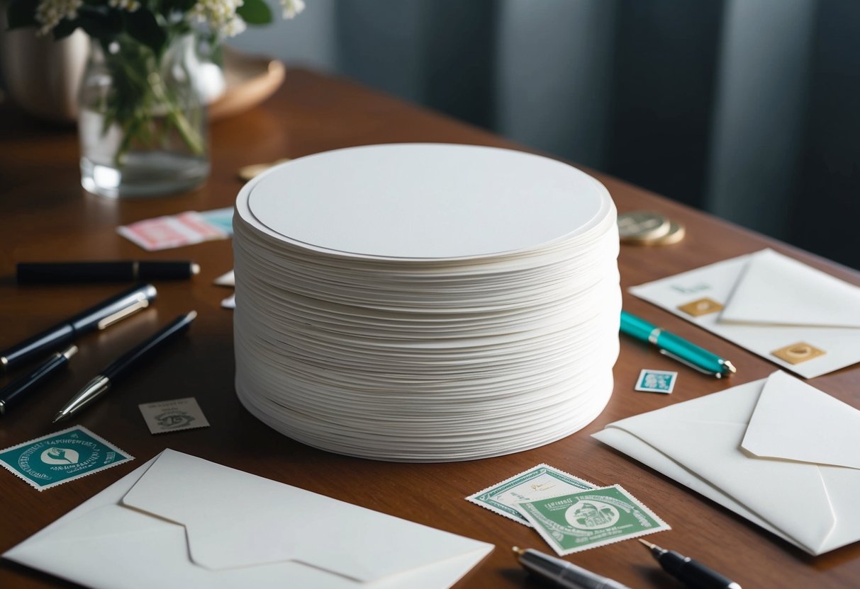 A stack of 200 blank wedding invitations on a table, surrounded by pens, stamps, and envelopes