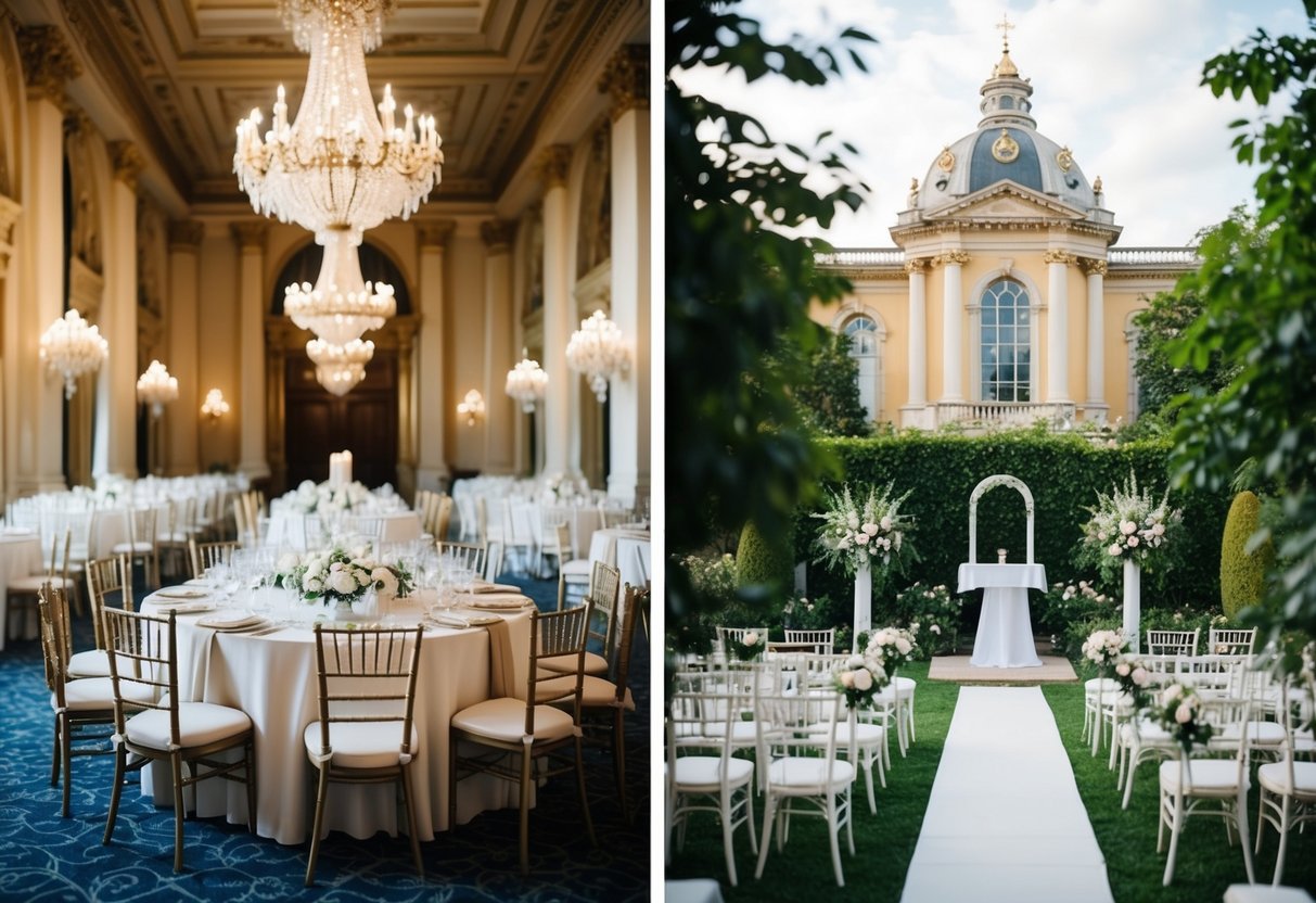 A grand ballroom with a lavish banquet table and ornate decorations for a macro wedding, while a cozy garden setting with a small altar and intimate seating for a micro wedding