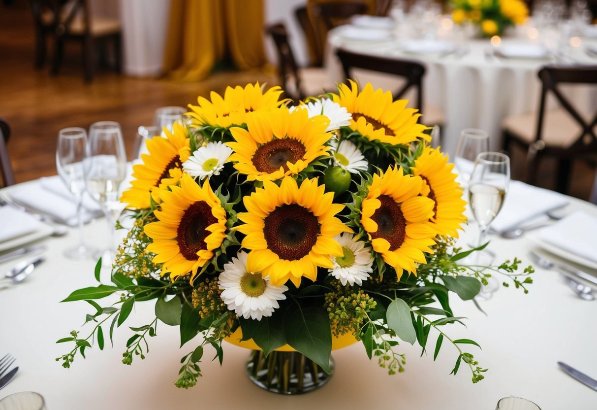 A bright yellow bouquet of sunflowers and daisies adorns the center of the wedding reception table, bringing warmth and joy to the celebration