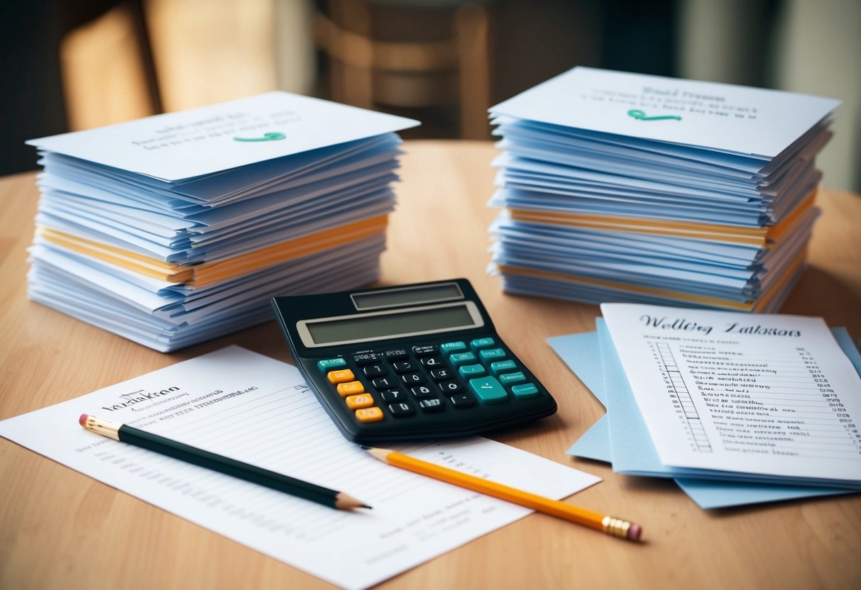 A table with a calculator, pencil, and paper, surrounded by stacks of wedding invitations and a list of guests