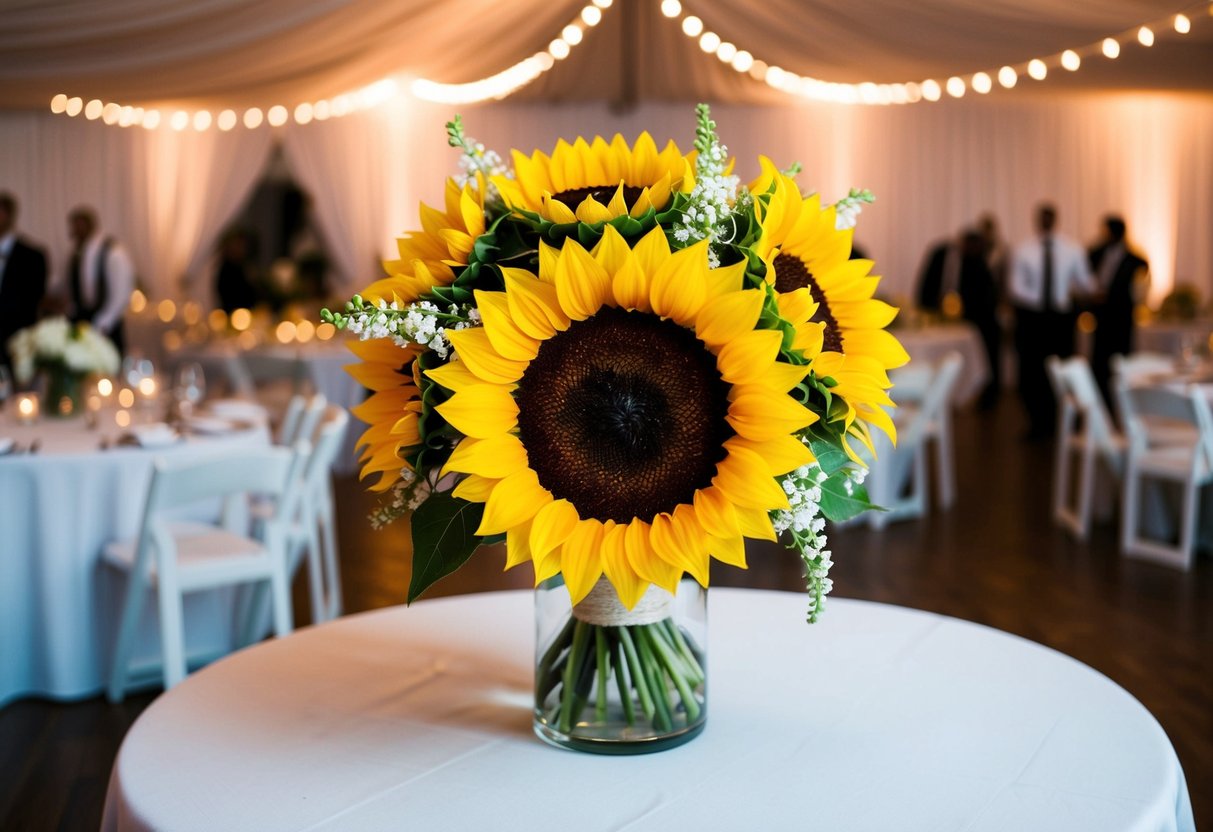 A vibrant yellow sunflower centerpiece on a white tablecloth at a wedding reception