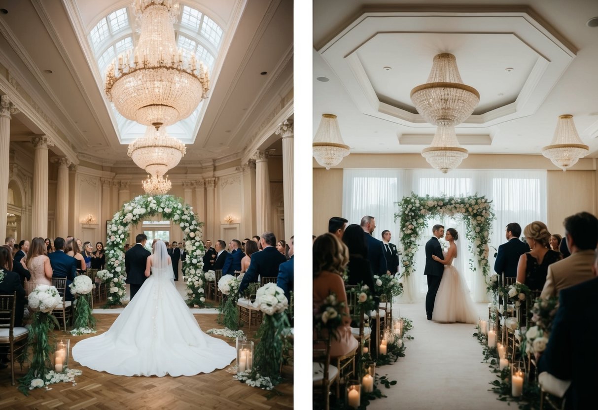 A macro wedding features a grand venue with elaborate decorations, while a micro wedding takes place in an intimate setting with minimal decor