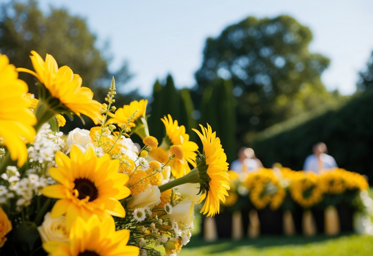 A sunny outdoor wedding with yellow flowers, golden accents, and cheerful decor