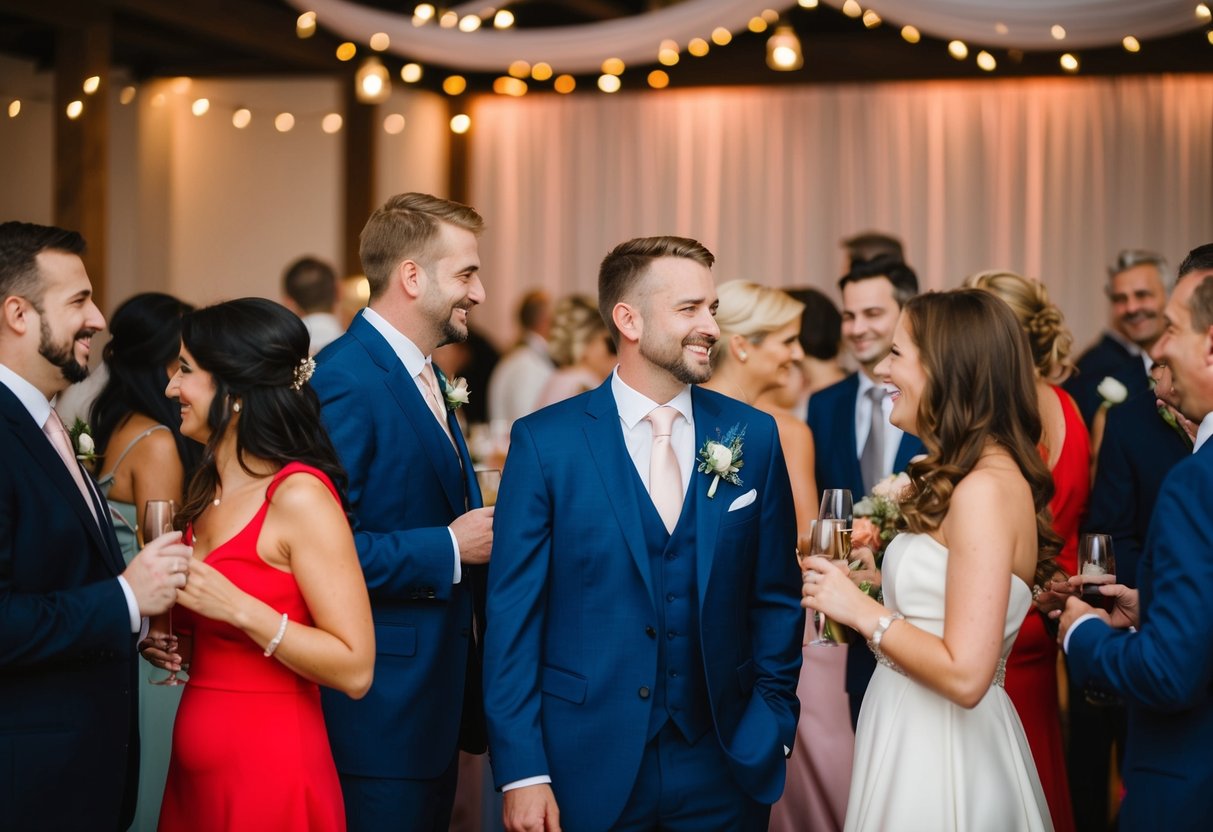 Wedding guests in various colors mingle at a reception