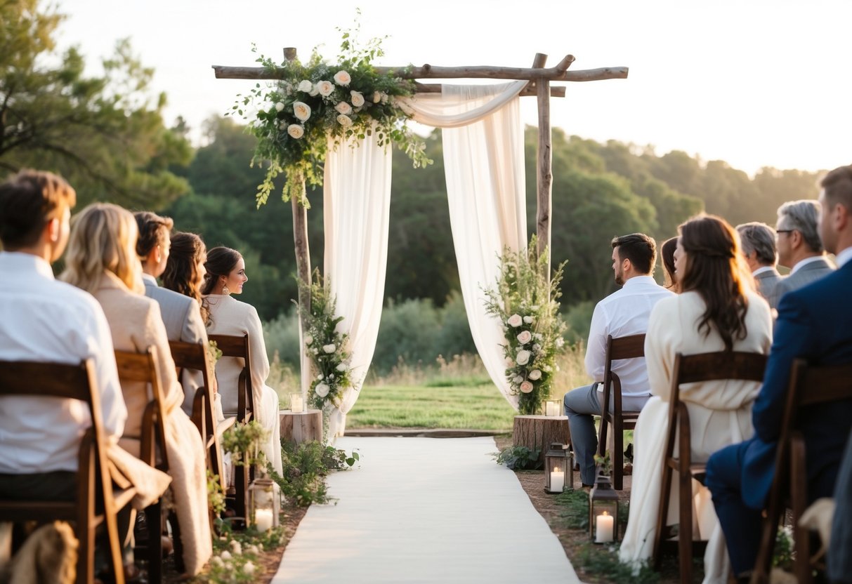 A serene outdoor setting with a simple, bohemian-style ceremony. Soft lighting, cozy seating, and natural decor create a relaxed and intimate atmosphere