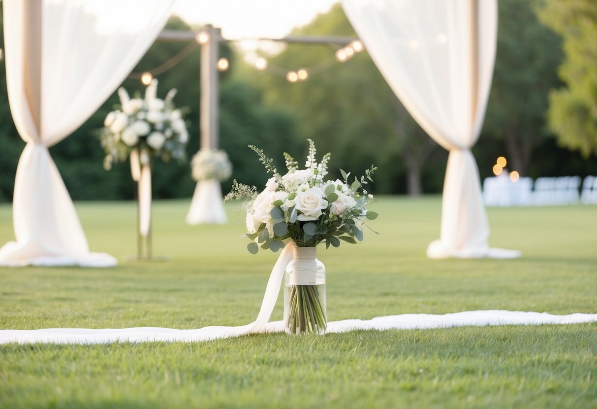 A serene outdoor wedding with simple decor, soft lighting, and a relaxed atmosphere