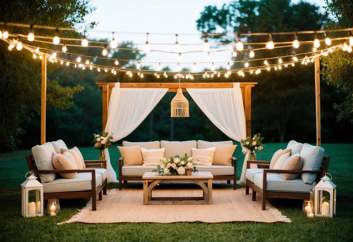 A serene outdoor wedding with a bohemian vibe, featuring a cozy lounge area, string lights, and a relaxed atmosphere