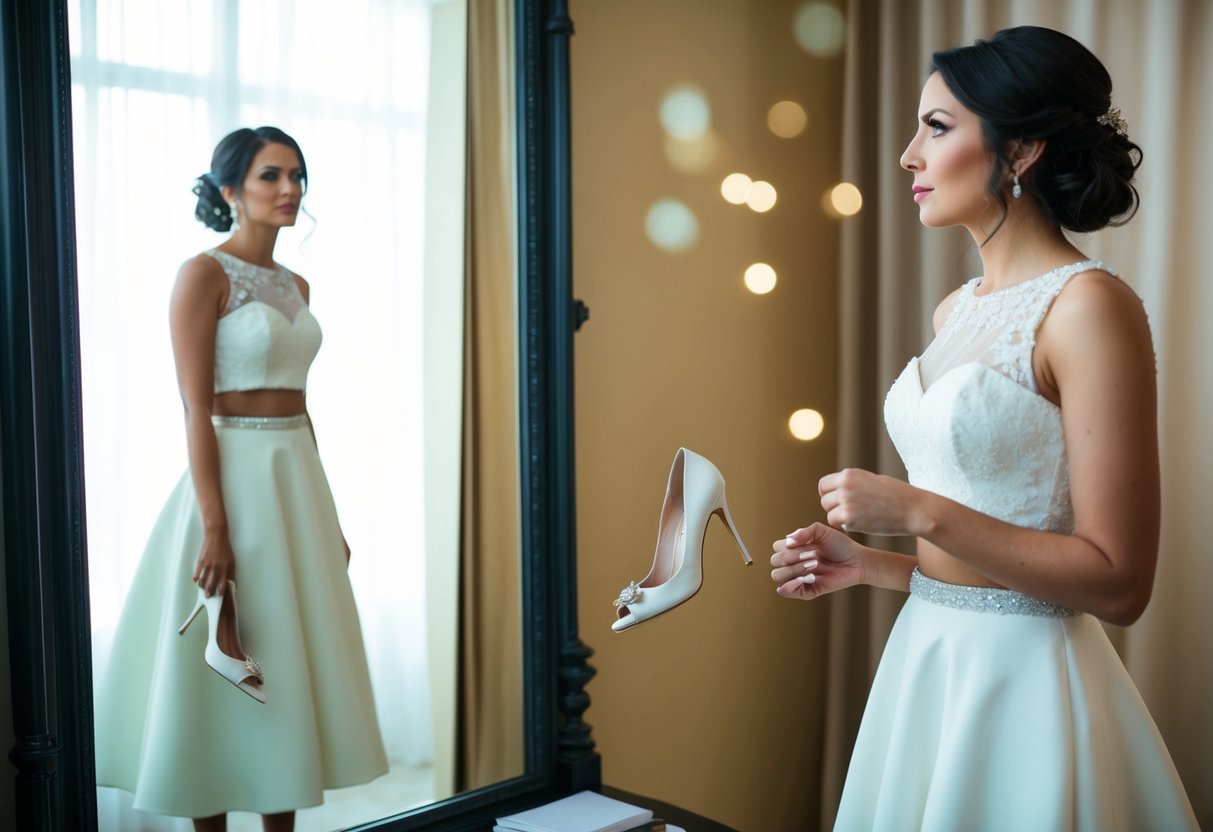 A woman in a two-piece dress stands in front of a mirror, contemplating her outfit for a wedding. She holds a pair of heels in one hand and looks uncertain