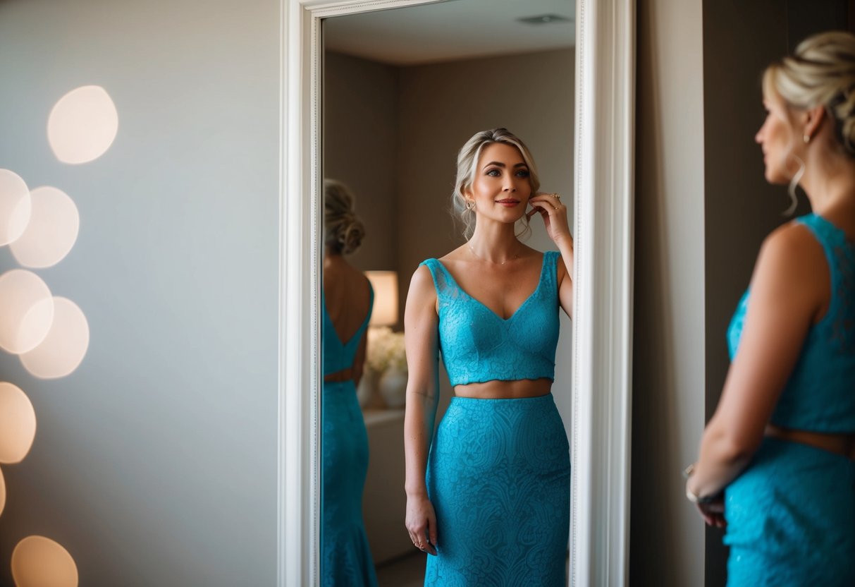 A woman standing in front of a full-length mirror, trying on a two-piece dress with a thoughtful expression on her face