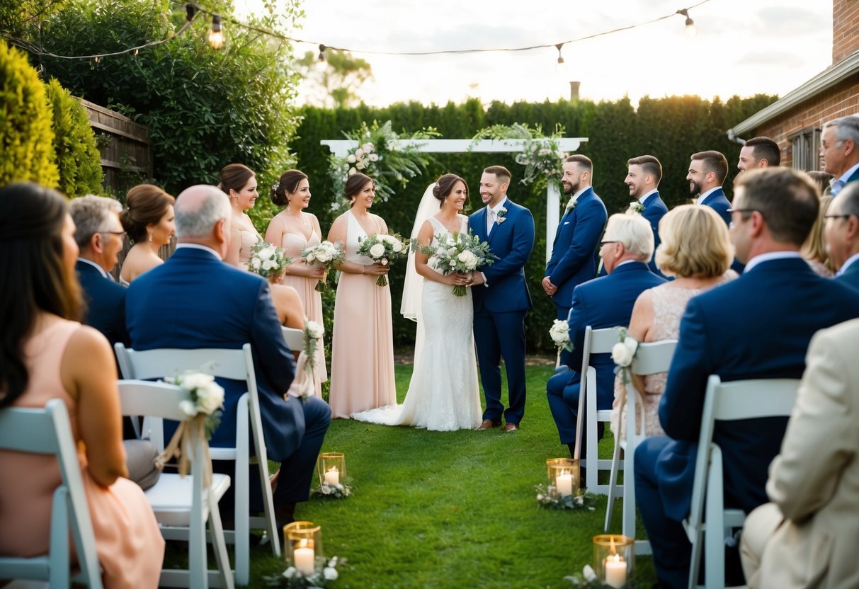 A small intimate wedding ceremony with a handful of guests in a cozy backyard setting