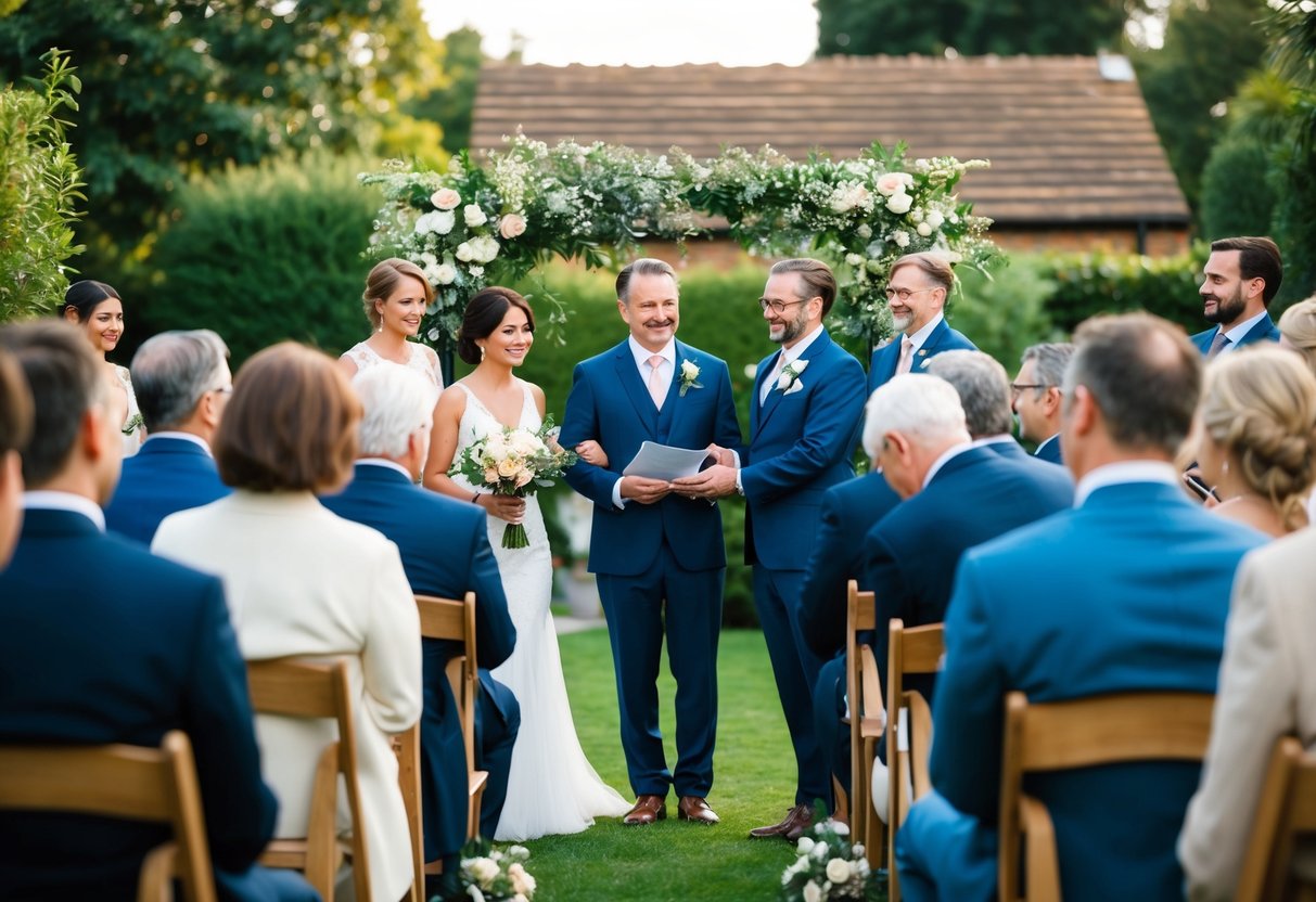 A small, intimate ceremony with a few guests in a cozy garden setting