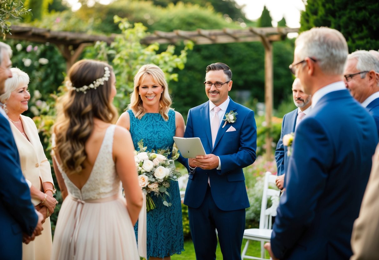 A small, intimate ceremony with a few close friends and family in a cozy garden setting