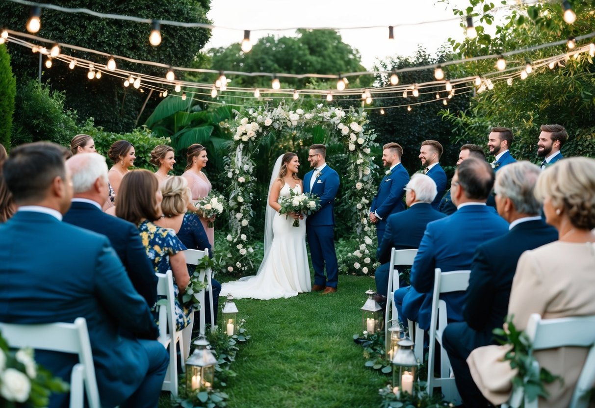 A cozy garden ceremony with a small group of loved ones, surrounded by twinkling lights and lush greenery