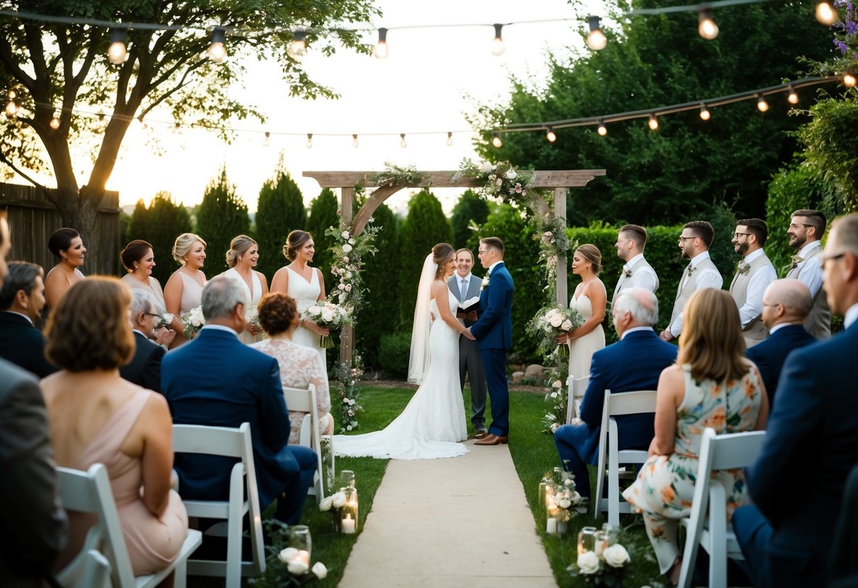 A small, intimate wedding ceremony with a limited number of guests, set in a cozy backyard garden with twinkling lights and a rustic wooden archway