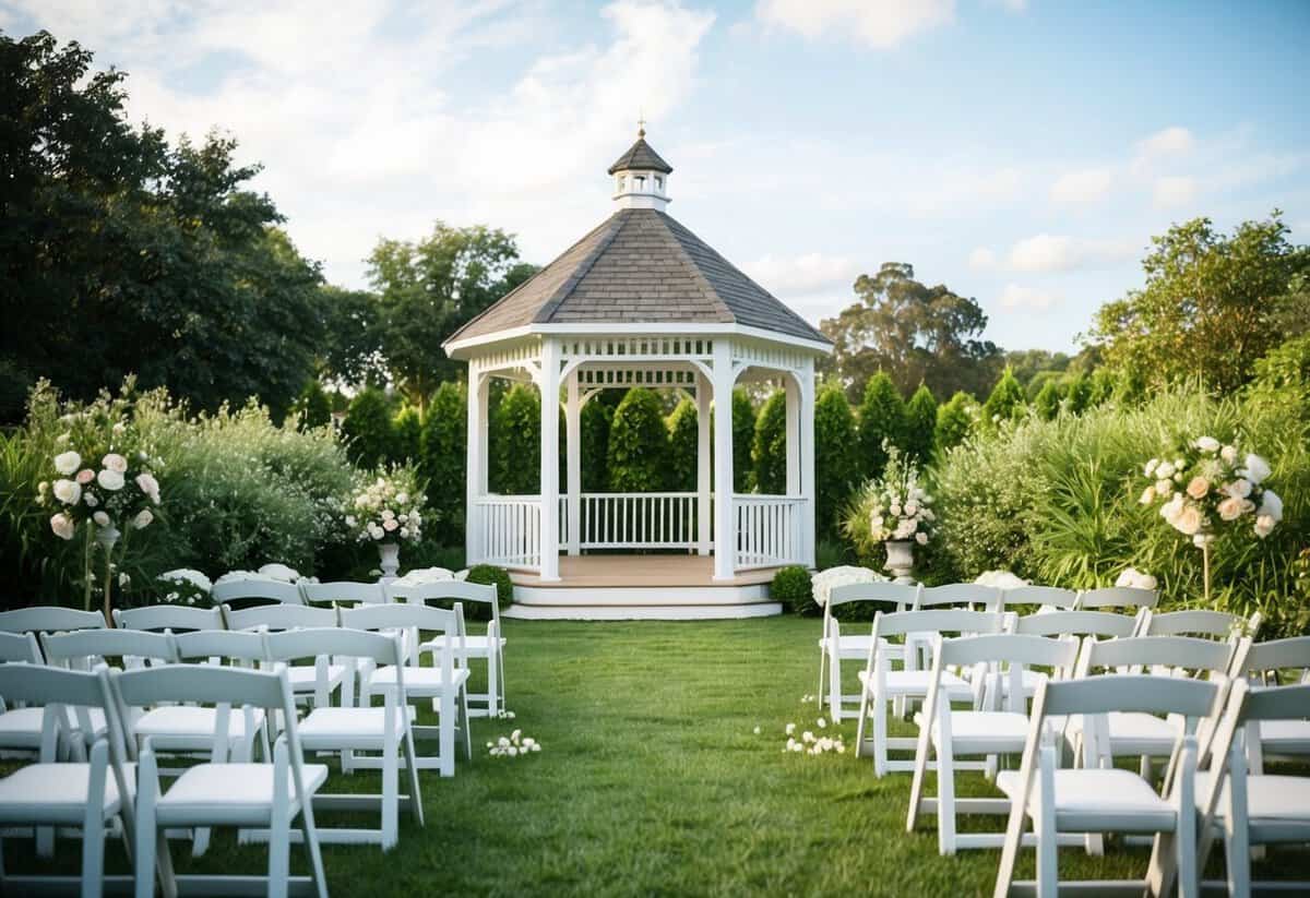 A serene outdoor wedding venue with lush greenery and a beautiful gazebo. Rows of white chairs set up for guests, with a clear aisle leading to the altar