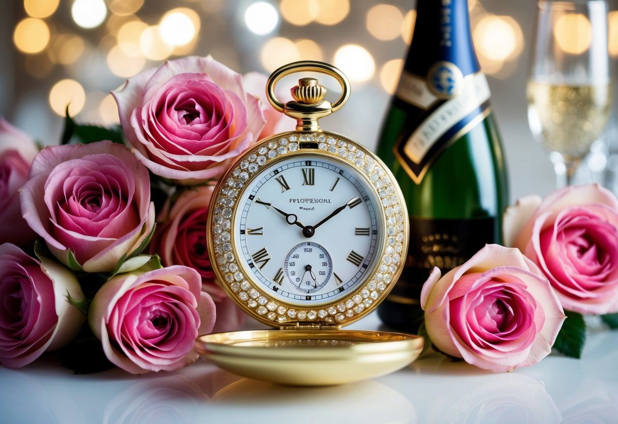 A diamond encrusted gold pocket watch surrounded by blooming roses and a vintage champagne bottle